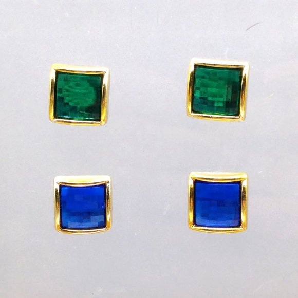 Faceted Lucite Jewel Stud Earrings Bundle, Vintage Emerald Green and Sapphire - Picture 1 of 5